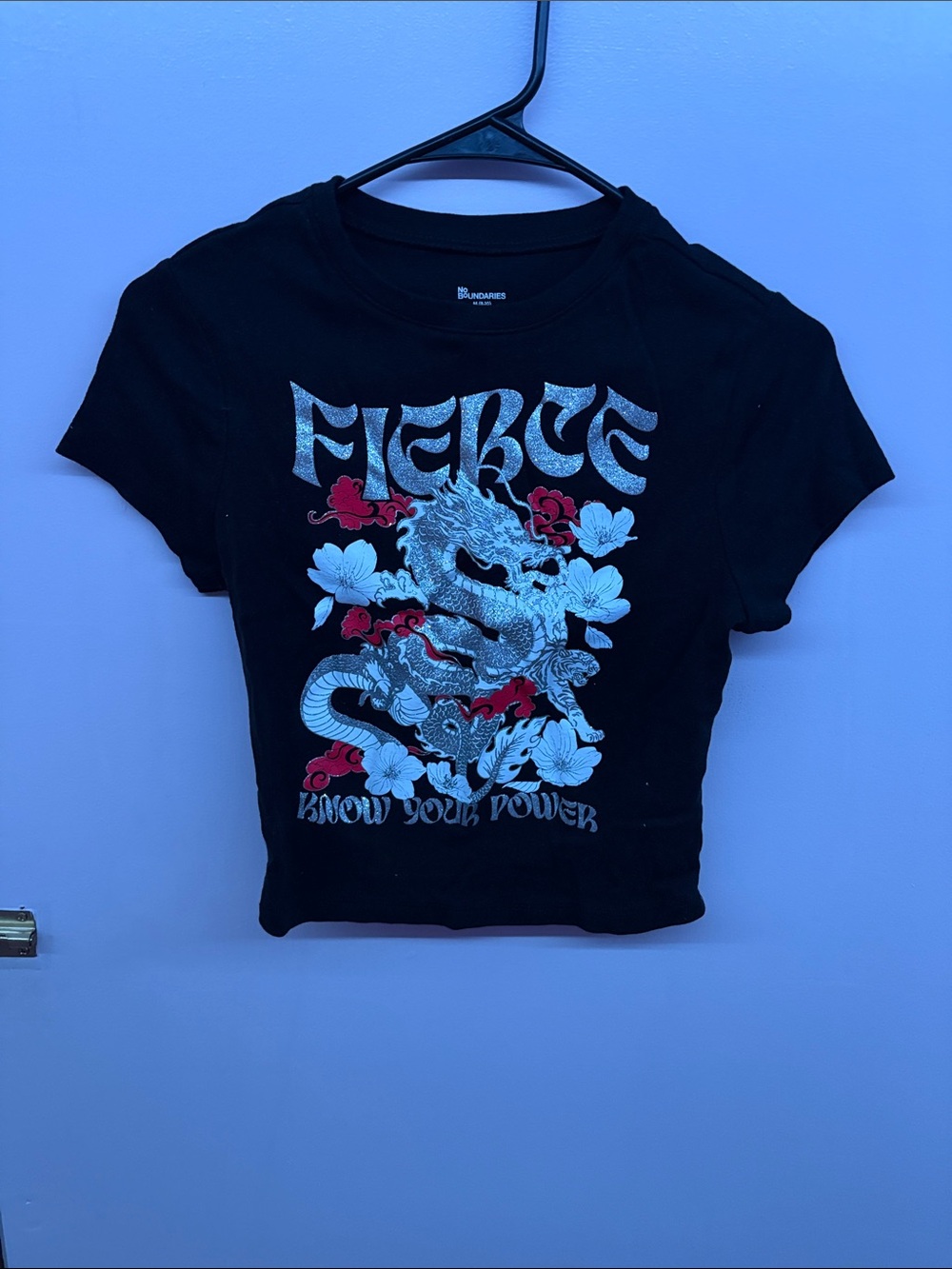 No Boundaries Black Graphic Dragon Crop Tee with Red Accents